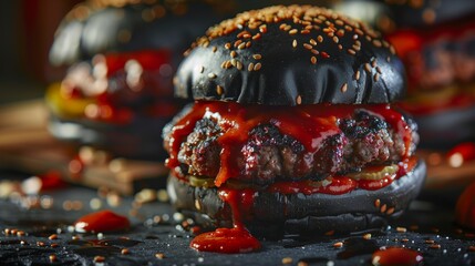 Vibrant, spooky burgers with black buns and red sauce for Halloween-themed fast food photography, in a high resolution style