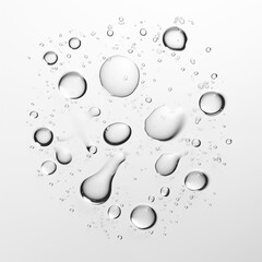 Close up clear rain drops, water bubbles on white, gray background. Natural and organic shapes of droplet patterns. 