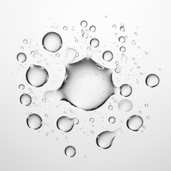Close up clear rain drops, water bubbles on white, gray background. Natural and organic shapes of droplet patterns. 