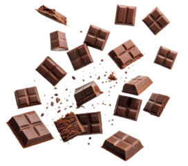 chocolate pieces floating on air isolated on transparent background