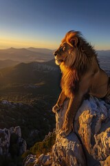 Majestic Lion King: Regal Lion with Gleaming Crown at Sunrise on Mountaintop with Panoramic Landscape View in Cool Tones