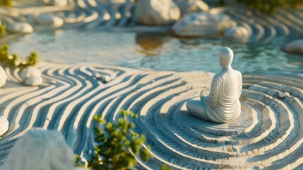Naklejka premium Serene zen garden with a white buddha statue meditating near water, promoting calmness and tranquility. The spiritual atmosphere encourages mindfulness and balance, ideal for relaxation and yoga