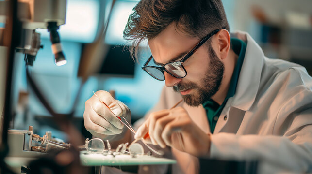 Professional expert fixing glasses. Male hands, optical repair kit, glasses, optical technician repairing eyeglass frame with screwdriver