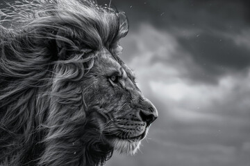 huge male lion with an incredibly beautiful, full mane, windblown, looking to the side, black and white