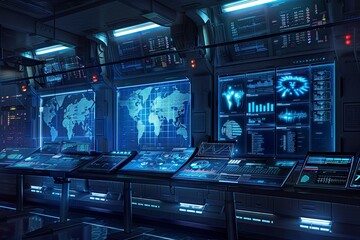 Obraz premium Futuristic control room with digital screens displaying data.
