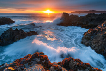 Obraz premium A beautiful sunset illuminates crashing waves on a rocky coast