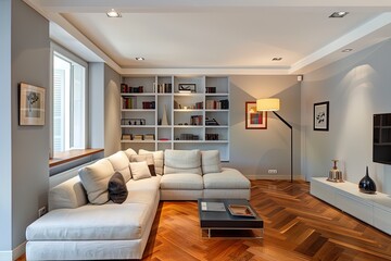 Fototapeta premium Modern living room with white sectional sofa, bookshelves and hardwood floors.