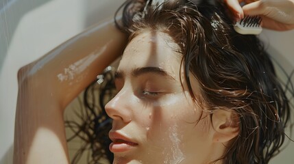 Naklejka premium Brunette Female Brushing Hair With Hairbrush Sitting On Bathtub Indoor. 