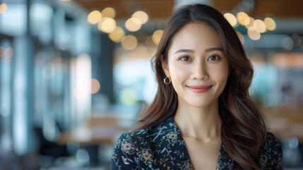 Obraz premium Pension Consultant, A cheerful Asian female displaying various pension fund options in formal dress on a corporate office backdrop.
