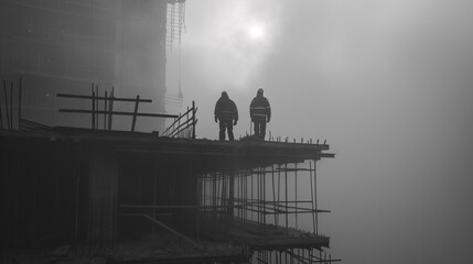 Fototapeta premium Construction workers on site during heavy fog, working under challenging weather conditions with limited visibility.