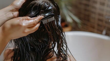 Naklejka premium Brunette Female Brushing Hair With Hairbrush Sitting On Bathtub Indoor. 