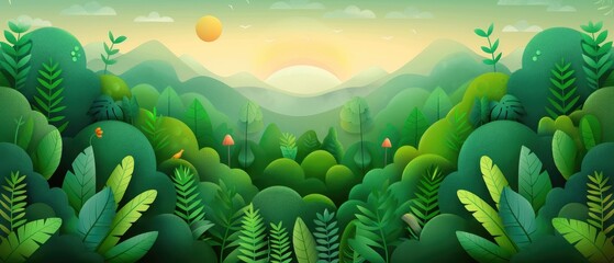 Serene Green Hills, a vibrant landscape featuring lush foliage and rolling mountains under a warm sunrise, evoking tranquility and the beauty of nature.