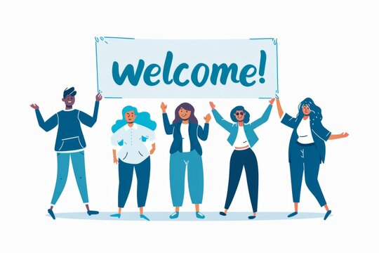 a group of people holding up a banner that says welcome