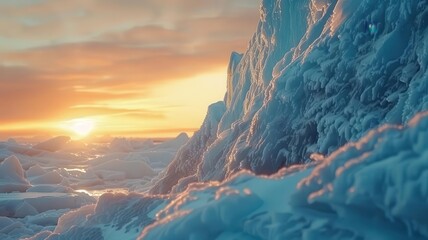 Snowy ice mountain during golden hour, sun casting warm hues on icy cliffs, ice mountain, dramatic sunset scenery
