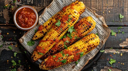Fototapeta premium Spicy Grilled Corn Fiesta: A tantalizing top-down view of charred corn on the cob, slathered in vibrant red pepper sauce and scattered with fresh cilantro, served on rustic parchment paper. 