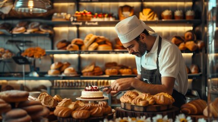 Obraz premium A skilled baker decorates a cake in a cozy artisan bakery, surrounded by a variety of fresh breads and pastries.