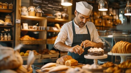 A skilled baker decorates a cake in an artisan bakery filled with a variety of freshly baked bread and pastries, showcasing craftsmanship.