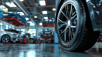A close-up view of a car wheel in a modern auto repair shop, highlighting the sleek design and professional automotive environment.