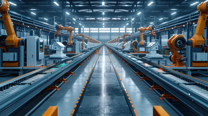 Fototapeta premium business achievement, A sleek manufacturing plant with machines operating autonomously, emphasizing reduced labor costs and enhanced quality control due to automation technology.