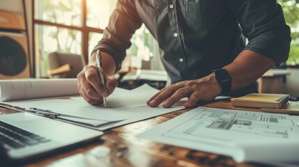 A man is writing on a piece of paper with a pen
