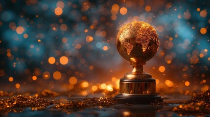 Golden globe trophy shining brightly against a bokeh background, symbolizing global achievement and excellence.