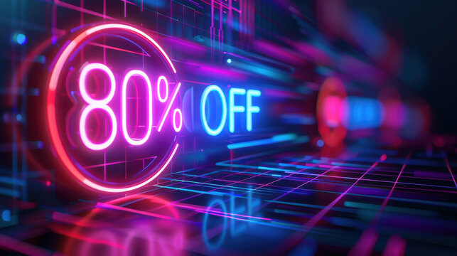 Vibrant graphic showcasing an 80 percent off sale, featuring bright neon colors and a modern digital background for promotions.