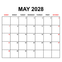 may 2028. Calendar with holydays or red dates. monthly calendar design with week starts on sunday. printable, simple, and clean vector design isolated on white background.