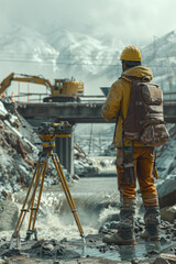 Fototapeta premium civil engineering construction, Civil engineering experts inspecting the foundation of a bridge under construction, using surveying equipment and tablets on-site, with a river