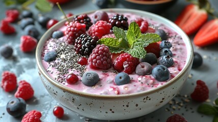Fresh Mixed Berry Smoothie Bowl with Chia Seeds and Mint Leaves in a Ceramic Bowl on a Gray Background