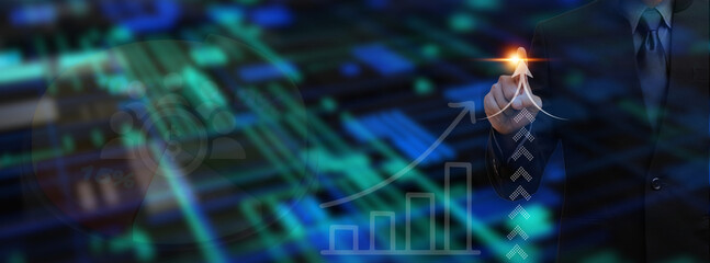 Businessman standing analyzing financial, banking, sales data and economic growth graph, business...