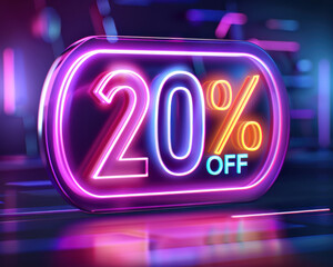 A vibrant neon sign displaying 20 percent off, perfect for promotion or advertising in retail and online sales.