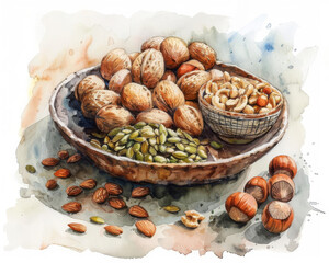 A vibrant watercolor painting of assorted nuts in decorative bowls, showcasing their natural textures and colors.