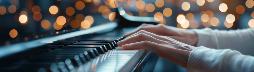 Close-up of hands playing piano keys, illuminated by blurred bokeh lights, creating a serene and artistic atmosphere.