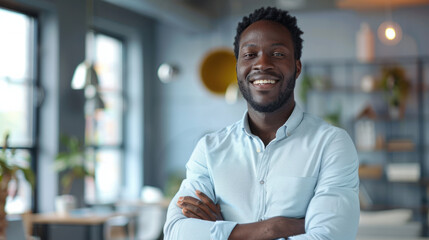 Obraz premium Public Relations Specialist, An enthusiastic Black male demonstrating a public relations strategy in casual business wear on a modern office background.