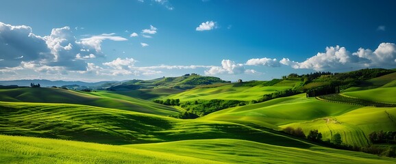 Obraz premium A picturesque countryside with rolling green hills and a bright blue sky, symbolizing the peaceful moments shared with friends.