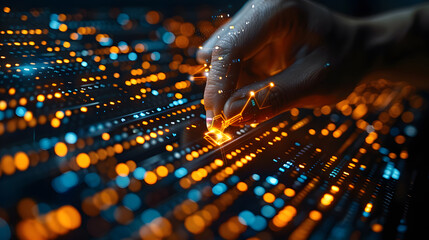 A hand interacts with a futuristic digital interface, featuring glowing lights and holographic elements, showcasing advanced technology