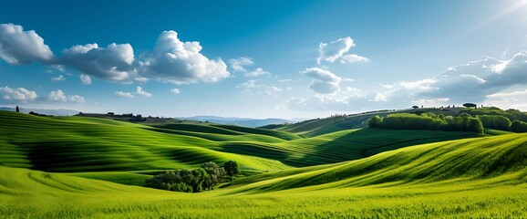 A picturesque countryside with rolling green hills and a bright blue sky, symbolizing the peaceful moments shared with friends.