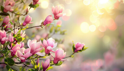 Obraz premium A closeup image of pink magnolia blossoms in soft sunlight