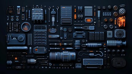 Fototapeta premium Minimalistic equipment outline with essential features highlighted, top view, showcasing functional simplicity, futuristic tone, Complementary Color Scheme