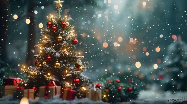 A beautifully decorated Christmas tree with ornaments and presents, set in a snowy forest, creating a festive and magical holiday scene.