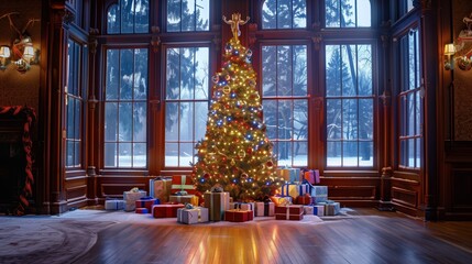 Fototapeta premium A beautifully decorated Christmas tree with colorful lights and numerous gifts beneath, set in a grand mansion with large windows overlooking a snowy landscape.