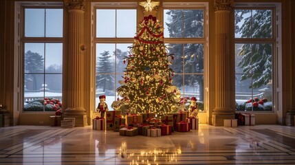 A beautifully decorated Christmas tree with presents sits in an elegant, luxurious living room with large windows showing a snowy landscape.
