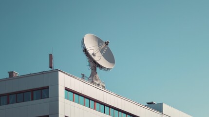 A satellite dish is mounted on the roof of a building