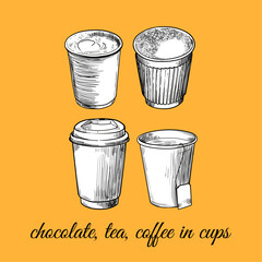 Vector hand drawn paper cups with beverages such as tea, coffee, cappuccino. Heart on a foam. Drinks assets ready to use and easy to edit. Black outline and white fill in separate groups.