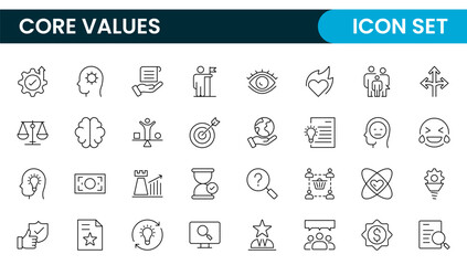 Core Values outline icons set. Core, values, business, leadership, goals, target, client, quality, success, responsibility and quality.