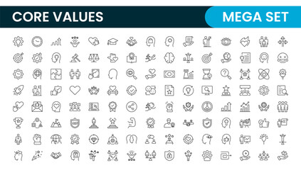 Core Values outline icons set. Core, values, business, leadership, goals, target, client, quality, success, responsibility and quality.