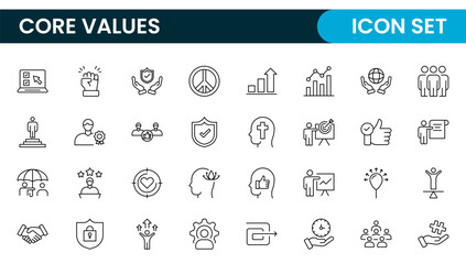 Core Values outline icons set. Core, values, business, leadership, goals, target, client, quality, success, responsibility and quality.