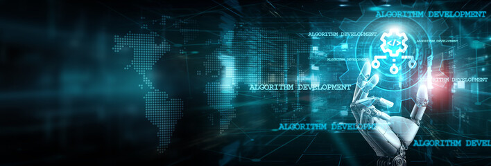 Robot hand holding a brilliant innovative creative idea in algorithm development, technology, engineering, inspiration, science, and advancing shaping and molding the future.