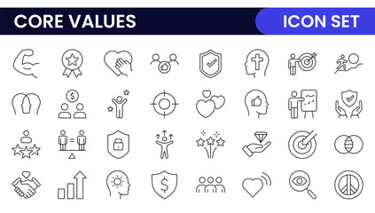 Core Values outline icons set. Core, values, business, leadership, goals, target, client, quality, success, responsibility and quality.