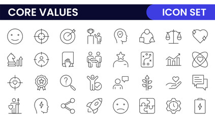 Core Values outline icons set. Core, values, business, leadership, goals, target, client, quality, success, responsibility and quality.
